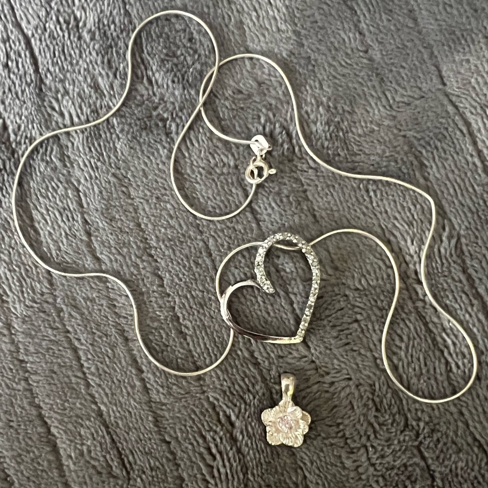 2 for 1 Genuine Diamond Floating Heart and Pink CZ Crystal Flower Necklace Set